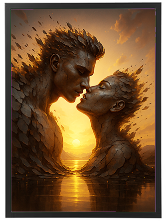 Et kunstnerisk billede af to skulpturelle figurer, der kysser ved solnedgang.