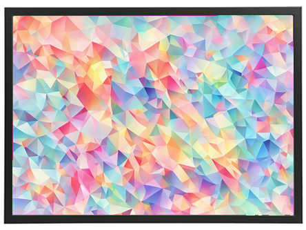 Et abstrakt billede med farverige, geometriske former i pastelfarver.