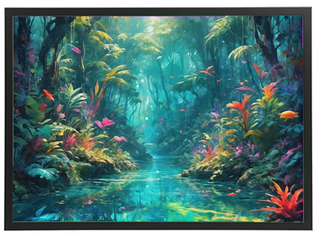 En farverig jungle med frodige planter og klart vand, der skaber en magisk atmosfære.