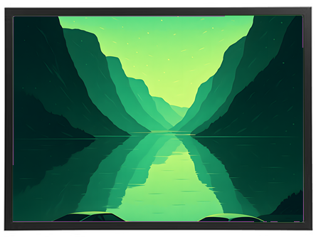 Et stiliseret landskab med grønne bjerge og en spejlende sø i midten.