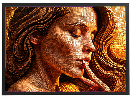Et detaljeret mosaikbillede af en kvinde med lange bølger af hår, der udstråler varme farver.