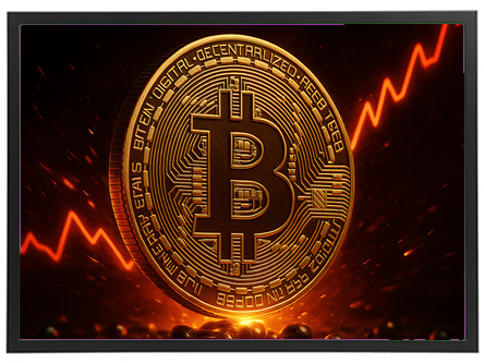 Billedet viser en Bitcoin-mønt med stigende markedsgraf i baggrunden.