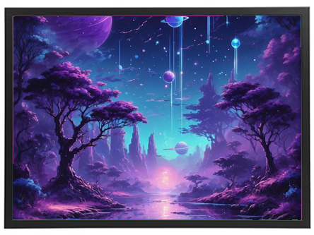 En surrealistisk naturscene med farverige træer, planeter og en lysende horisont.