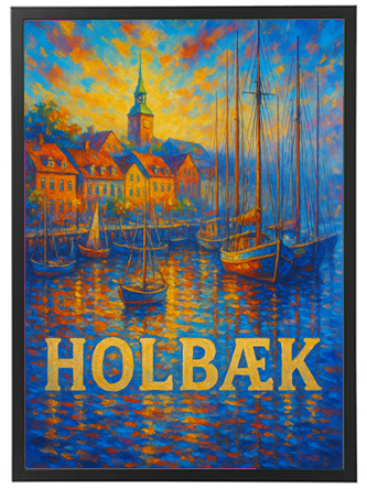 Farverig maleri af Holbæk med både og en smuk solnedgang over vandet.