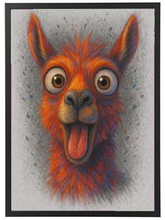 En tegning af en lama med en livlig orange pels og store, udtryksfulde øjne.