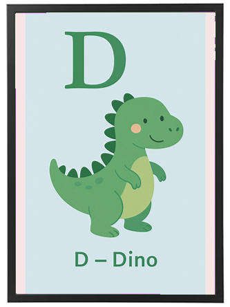Et farverigt kort med en sød dinosaur og bogstavet D til læring.