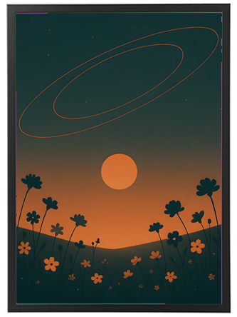 En stiliseret illustration af en solnedgang med blomster i forgrunden og planeter i himlen.