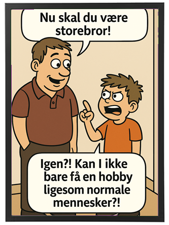 En far taler med sin søn, der er frustreret over at skulle være storebror.