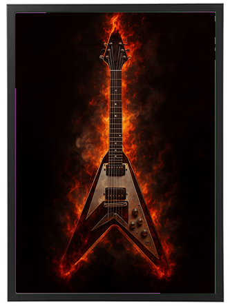 En elektrisk guitar med flammende effekter i baggrunden, der skaber en dramatisk atmosfære.
