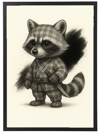 En charmerende illustration af en ræv iført en kimono, der holder en kniv.