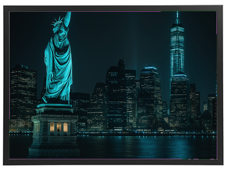 Et natbillede af Frihedsgudinden med en oplyst skyline i baggrunden.