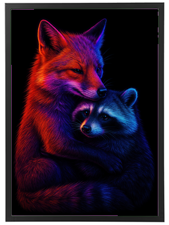 Et kunstnerisk billede af en ræv og en vaskebjørn, der krammer i stærke farver.