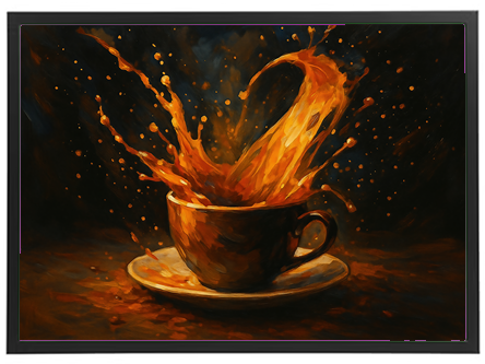 Et maleri af en kaffekop med en dramatisk sprøjt af kaffe, der sprøjter ud.