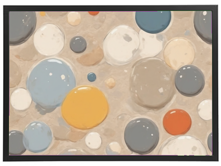 Et abstrakt billede med farverige bobler i forskellige størrelser på en sandfarvet baggrund.