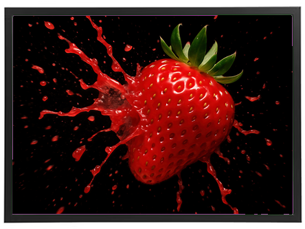 Et billede af et jordbær, der sprøjter saft i alle retninger mod en sort baggrund.