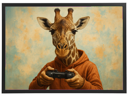 Et maleri af en giraf med menneskelige træk, der spiller videospil.