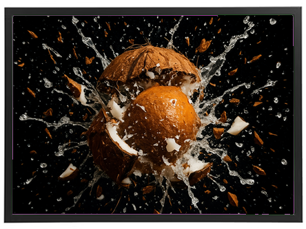 Et dramatisk billede af en kokosnød, der eksploderer med vand og skaller sprøjtende ud.