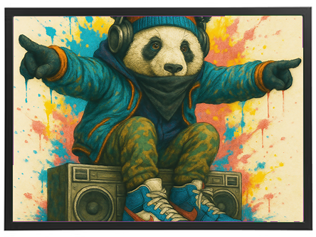 En farverig illustration af en panda iført hovedtelefoner og sporty tøj, der danser.