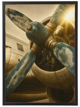 Nærbillede af en gammel flymotor med slidt propeller og sollys i baggrunden.