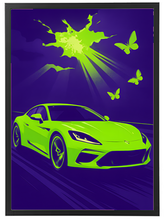 En stiliseret illustration af en grøn sportsvogn, omgivet af farverige elementer som sommerfugle og lysstråler.