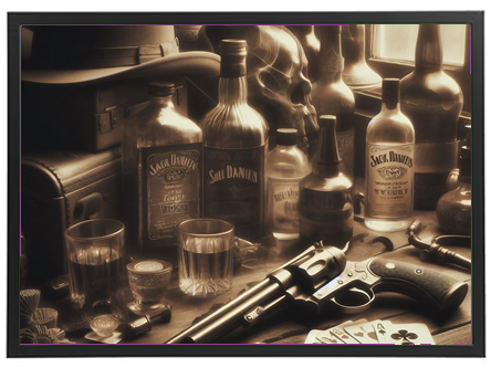 Et stemningsfuldt billede med en revolver, spillekort og whiskyflasker, der skaber en atmosfære fra det vilde vesten.