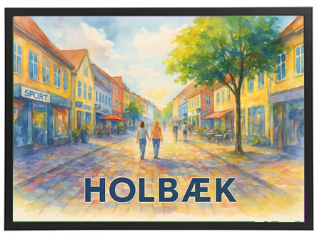 En farverig akvarel, der skildrer en livlig gade i Holbæk med mennesker og butikker.