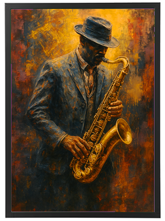 Et maleri af en mand i hat, der spiller saxofon, omgivet af varme farver.