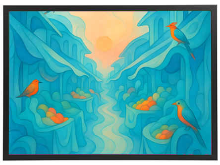 En surrealistisk illustration af et marked med farverige frugter og fugle i en blålig tone.