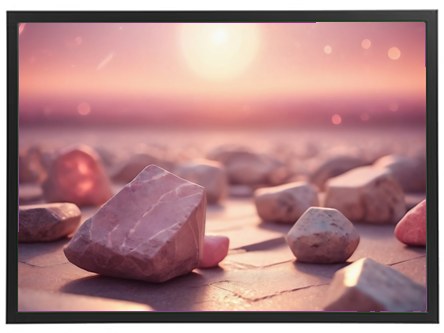 Et smukt landskab med rosa sten på en sandet overflade, oplyst af en solnedgang.