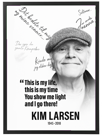 Et billede af Kim Larsen med citater, der reflekterer hans liv og musik.