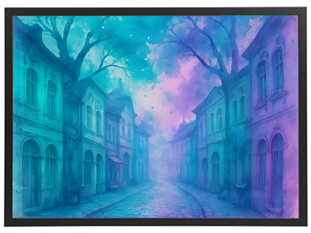 En malerisk gade med pastelfarver og tåge, omgivet af gamle bygninger og træer.