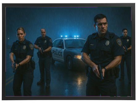 En gruppe politibetjente står klar med våben i regnvejr, med blå lys fra en politibil i baggrunden.