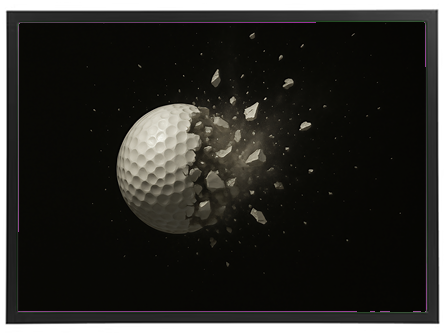 En golfbold, der eksploderer i en sky af fragmenter og støv mod en mørk baggrund.