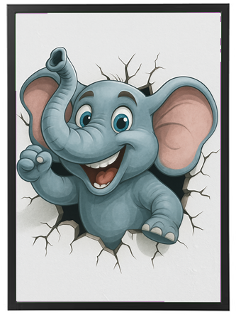En sød, tegneserieagtig elefant smiler og rækker en hånd ud gennem en revne i væggen.