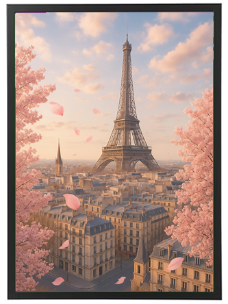En smuk udsigt over Eiffeltårnet omgivet af kirsebærblomster under en pastelfarvet himmel.