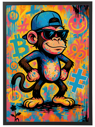 Et grafisk billede af en cool abekat iført solbriller og en kasket, omgivet af livlige farver.