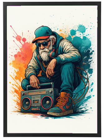 Et farverigt kunstværk af en ældre mand iført streetwear, der sidder med en boombox.