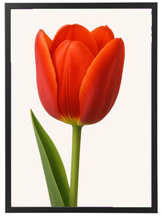 En enkelt rød tulipan med grønne blade, præsenteret på en lys baggrund.