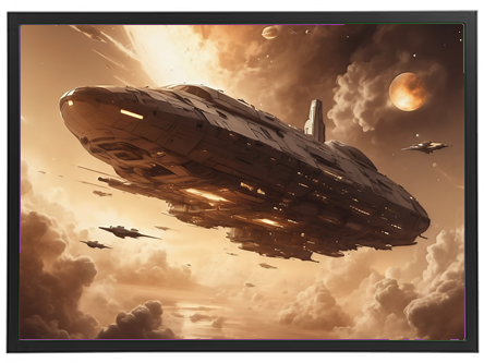 Et imponerende rumskib svæver gennem en dramatisk himmel med planeter og skyer.
