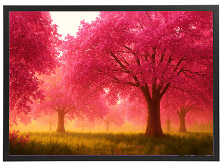 En betagende skov med lyserøde kirsebærtræer, der strækker sig mod en gylden horisont.