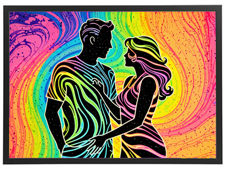 Et farverigt og abstrakt billede af et par, der står tæt sammen med bølgende mønstre i baggrunden.