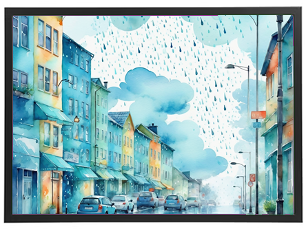 Et maleri af en farverig gade under regn, med bygninger i pastelfarver og biler.