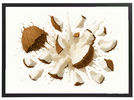 Et kunstværk der viser en kokosnød sprængt i stykker, med mælken sprøjtende ud.