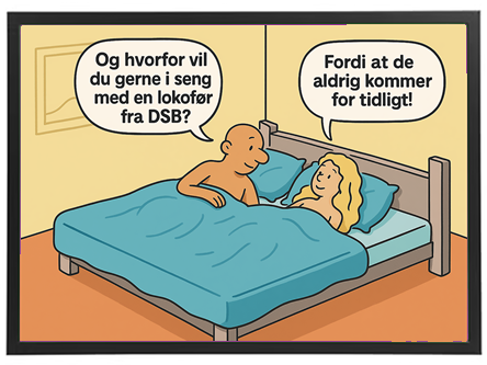 En humoristisk tegning af et par i sengen, der diskuterer DSB og deres forsinkelser.