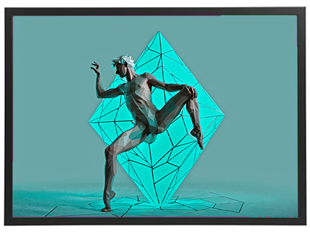 En stiliseret figur i polygonal stil, der danser foran en lysende geometrisk form.