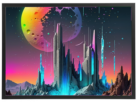 Et farverigt og surrealistisk billede af en futuristisk verden med høje klippeformationer og en stor planet i baggrunden.