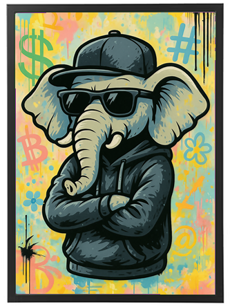 Et farverigt grafisk billede af en elefant iført solbriller og en hoodie, der udstråler coolness.