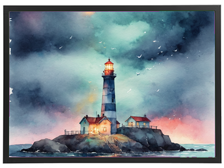 Et smukt akvarelmaleri af et fyrtårn på en klippeø under en dramatisk himmel.