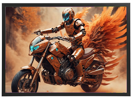 En futuristisk robot rytter på en motorcykel, prydet med farverige vinger, i en dramatisk landskab.