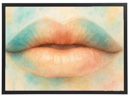 Et akvarelmaleri af en sæt læber med bløde farver og nuancer.